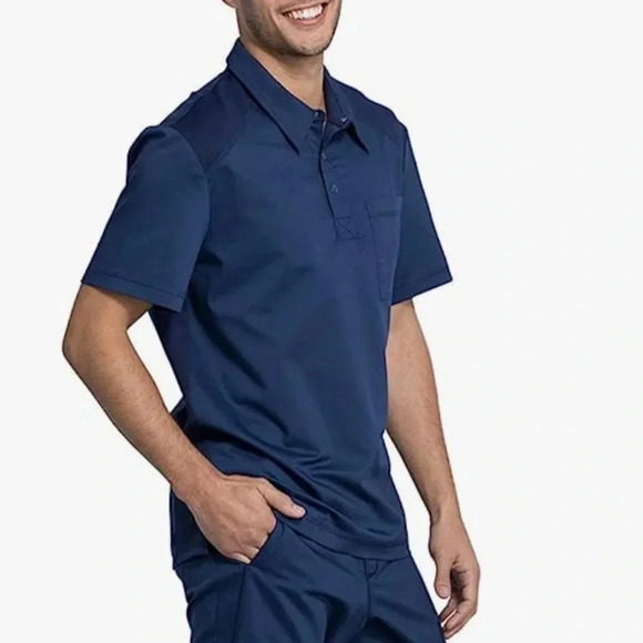 Cherokee Men's Polo Scrub Top, Modern Sporty V-Neck with Breathable Mesh Fabric - Picture 5 of 8